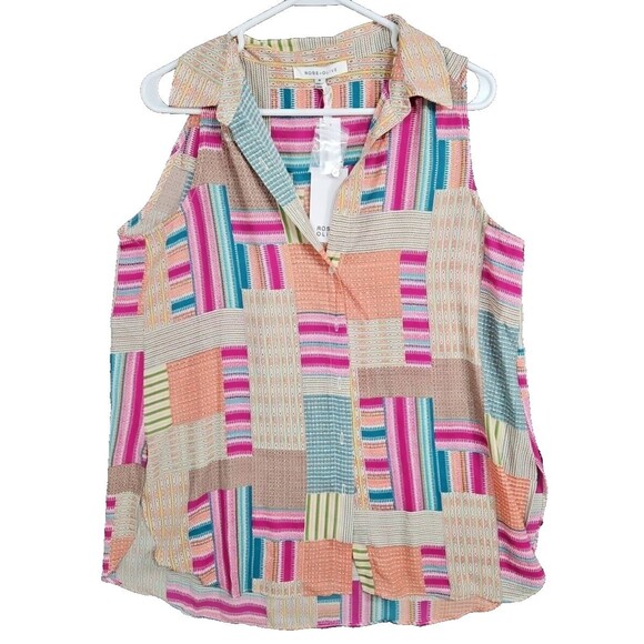Rose + Olive Womens Red Sleeveless Collared Blouse Geometric Size Medium NWT - Picture 1 of 6